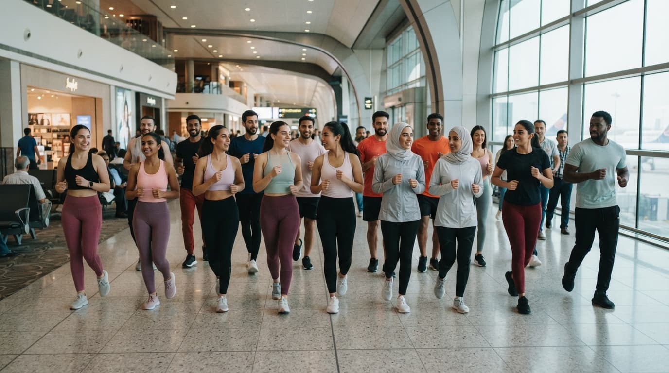 People walking together indoors along an airport terminal corridor as part of a group walking event.