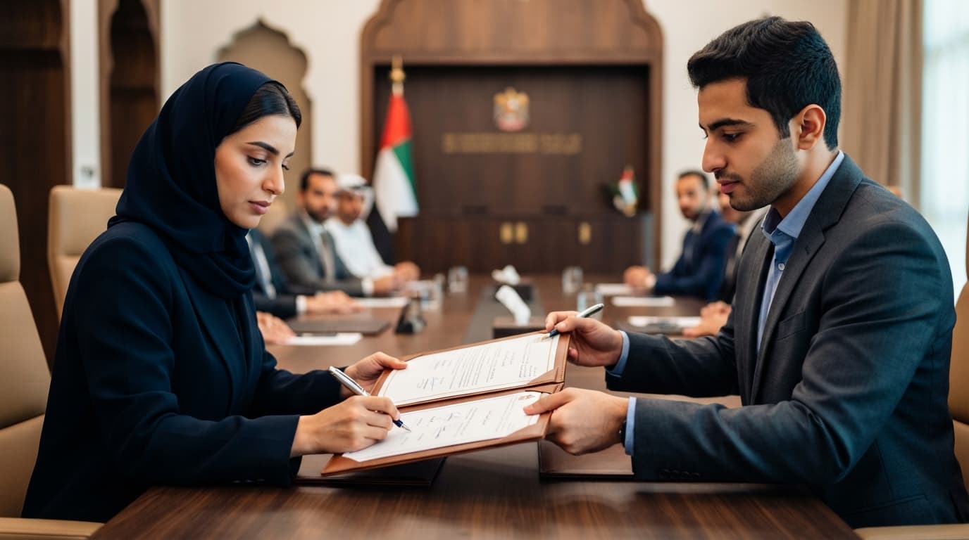 Two regulatory officials in business attire sign a memorandum of understanding document at a formal table, with UAE flags and institutional branding in the background.