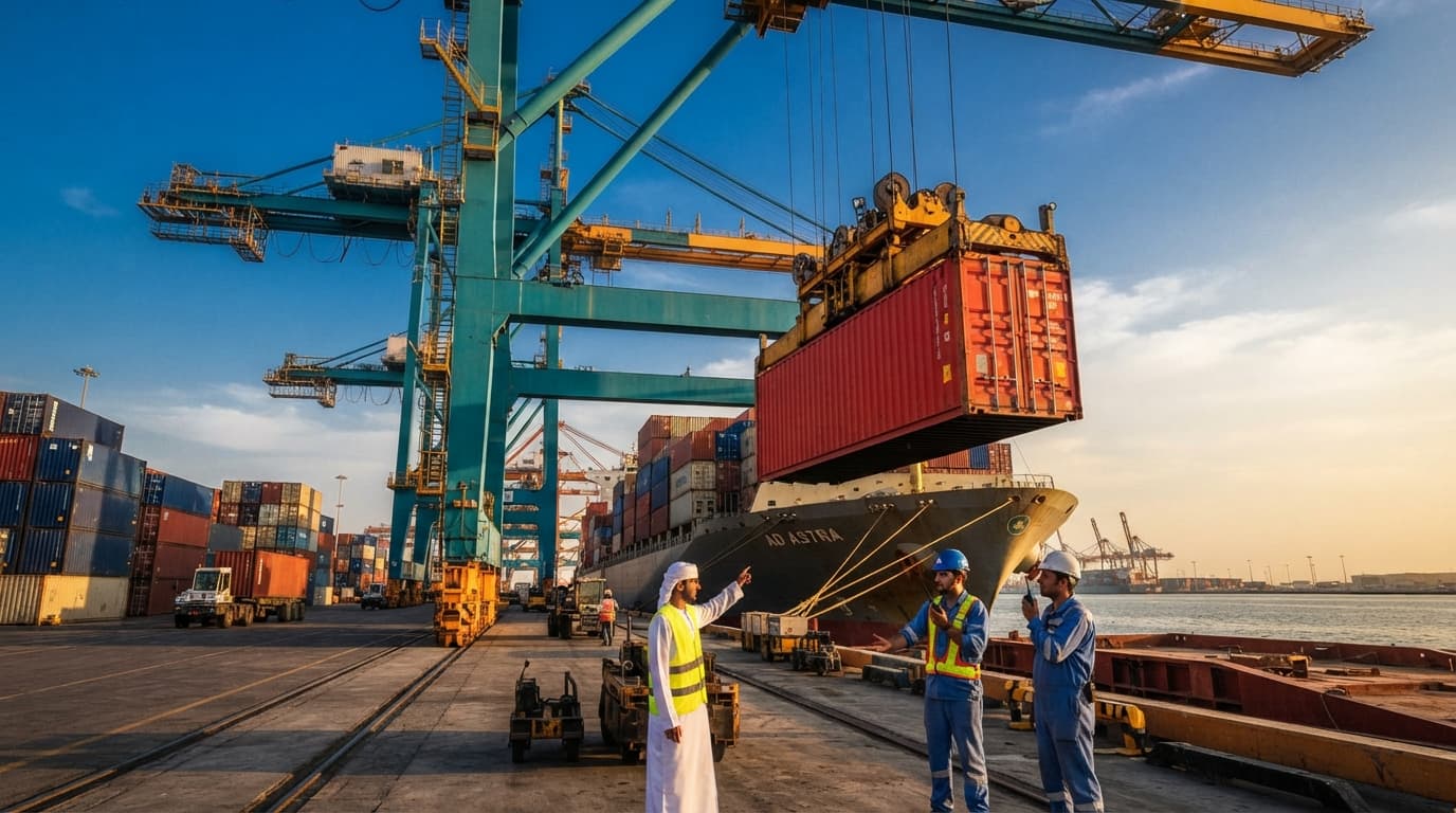 Container ships and cranes at a large Abu Dhabi port facility with stacked shipping containers in the foreground.