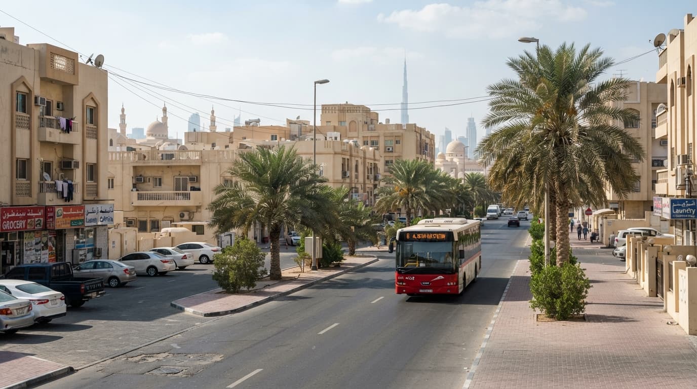 A Dubai neighbourhood street scene with low-rise buildings and a public bus visible in the distance under bright daylight.