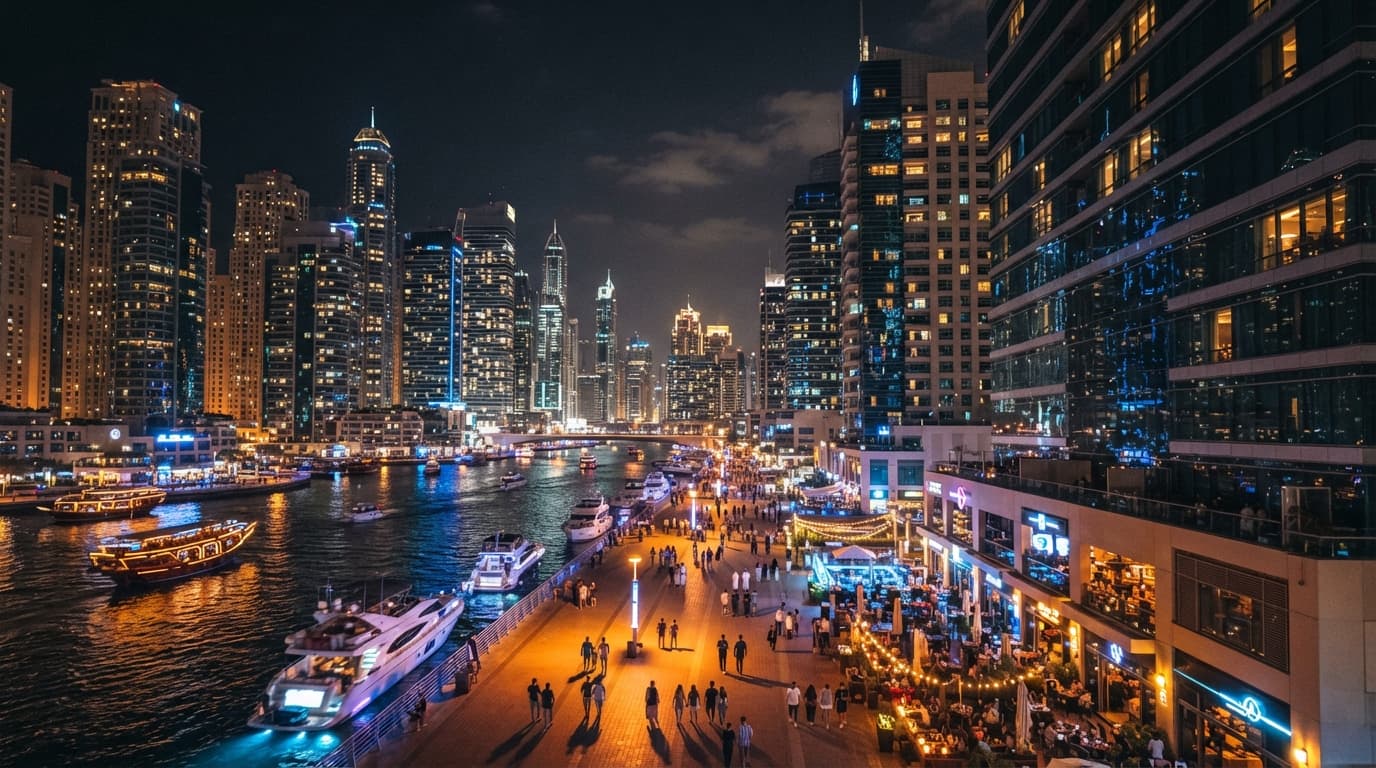 A view of Dubai's skyline lit up at night with illuminated bars and lounges along the skyline.