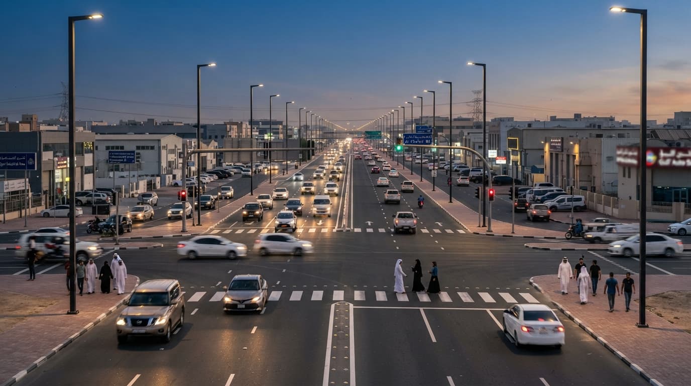 A freshly upgraded multi-lane road in Al Quoz with new lighting poles alongside moving traffic.