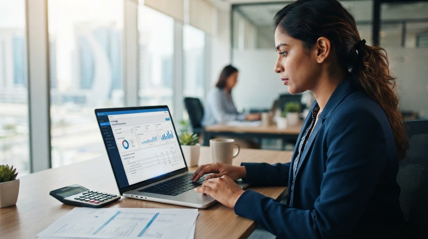 A finance professional reviews digital invoicing software on a laptop screen in a modern Abu Dhabi office setting.