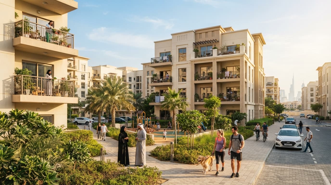 Rows of completed residential apartment buildings in a Dubai neighbourhood under bright sunlight, with balconies and parked cars visible in the foreground.