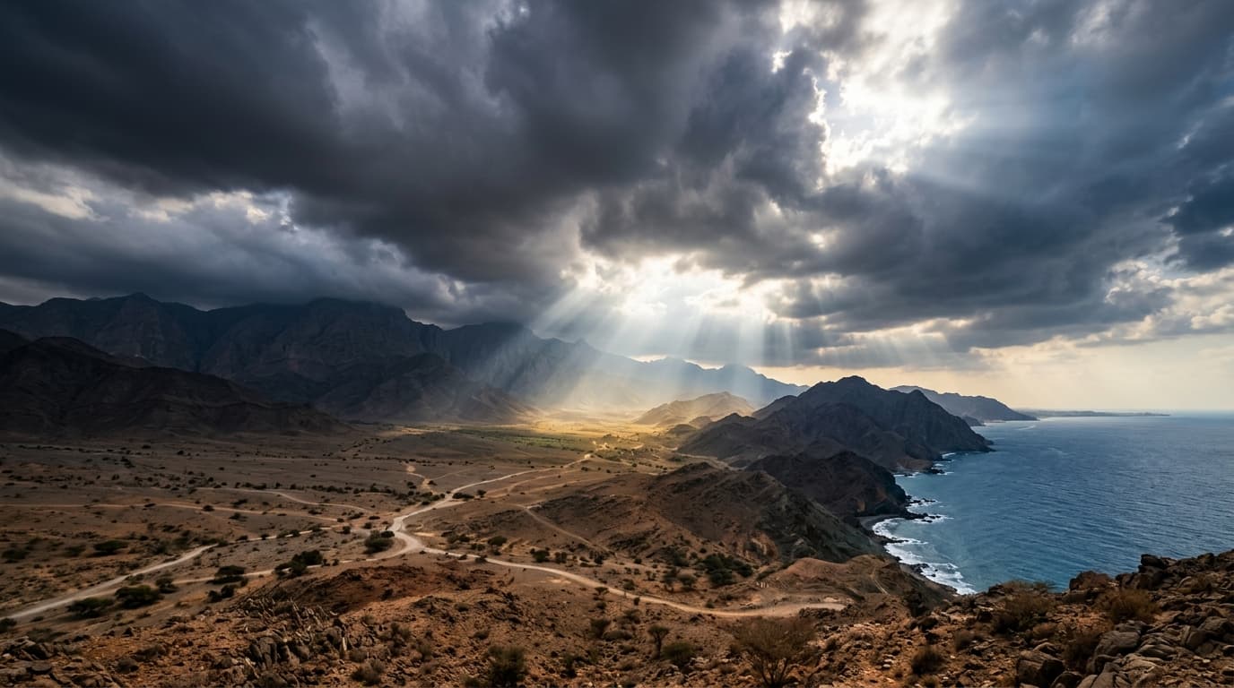 A wide UAE landscape showing dark rain clouds gathering over distant hills while sunlight breaks through elsewhere in the sky.