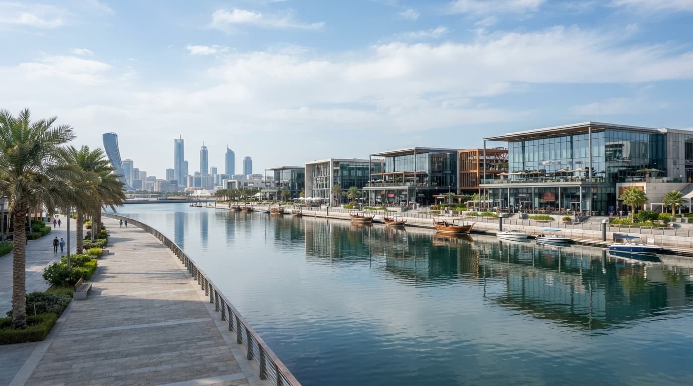 Waterfront view of Al Qana with its glass-fronted buildings along the water in Abu Dhabi.