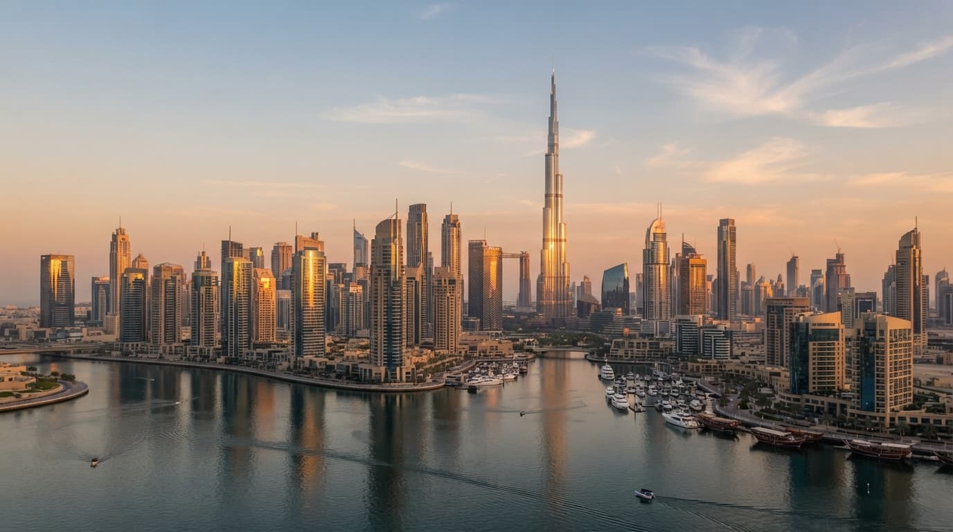A view of Dubai's skyline at dusk with warm lights beginning to glow across the city.