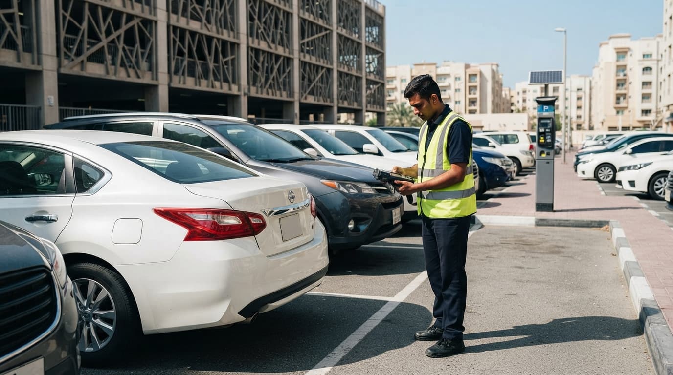 Rows of parked cars in a Dubai public parking zone with painted bay markings and a multi-story car park visible in the background.