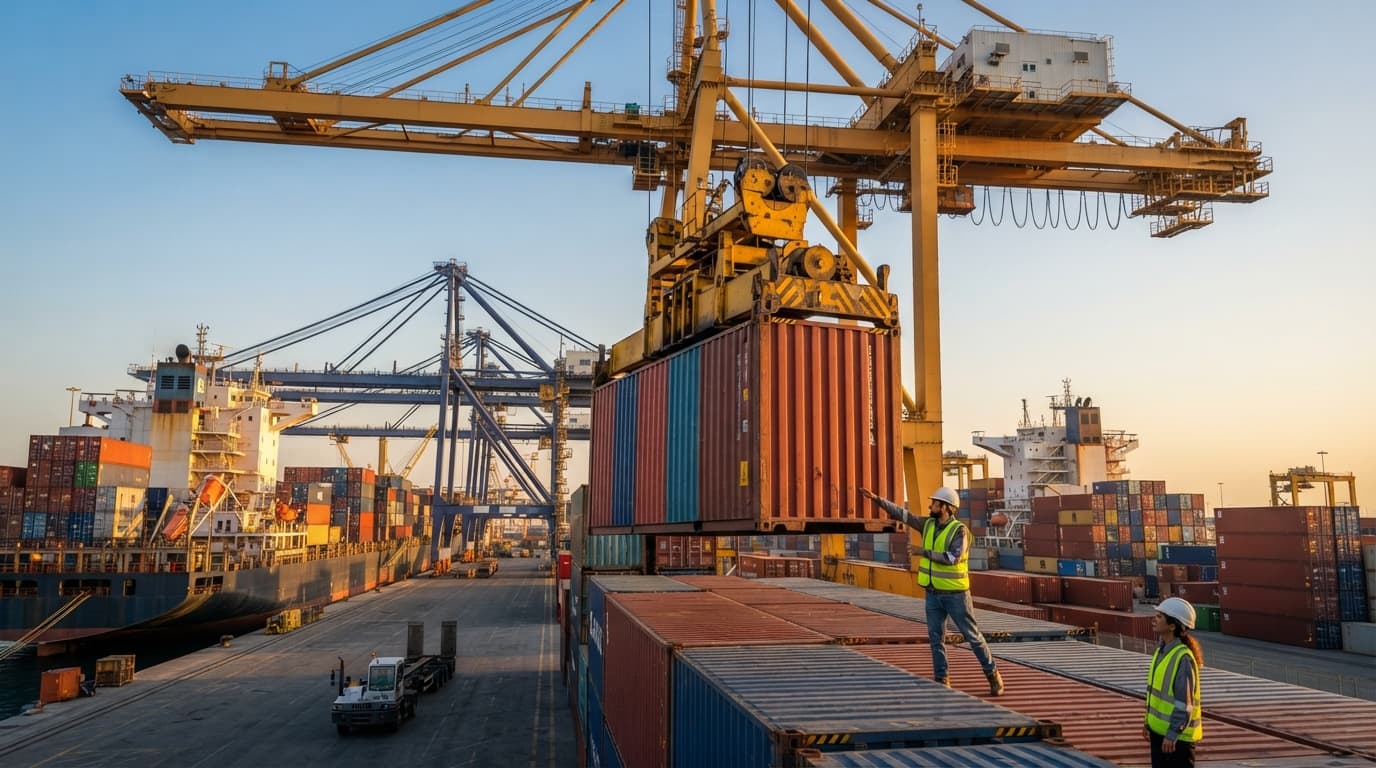 Container cranes loading and unloading stacked shipping containers at a busy port terminal with cargo ships docked alongside.