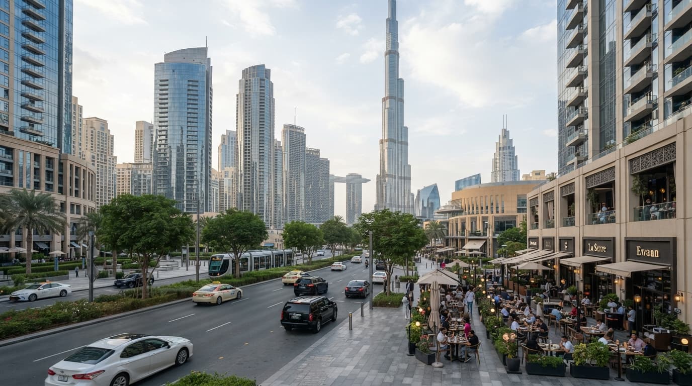 A view of Downtown Dubai with modern buildings and outdoor cafe seating under natural daylight.