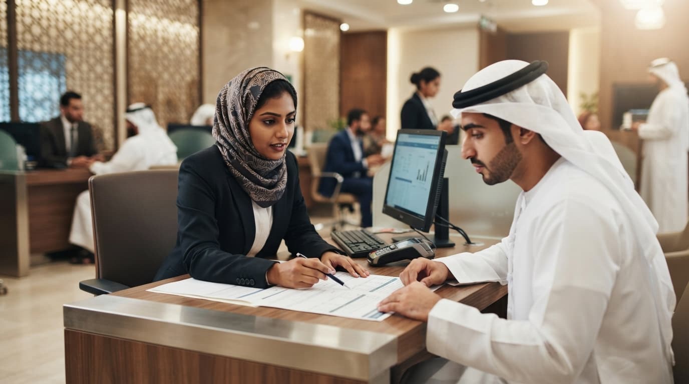 Interior of a modern Islamic bank branch with staff assisting clients at a service counter.