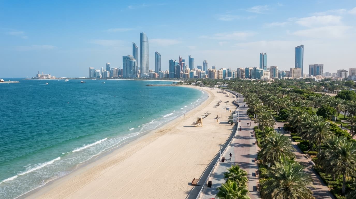 Abu Dhabi Corniche Beach with its waterfront promenade, palm trees and the city skyline in the background under daylight.