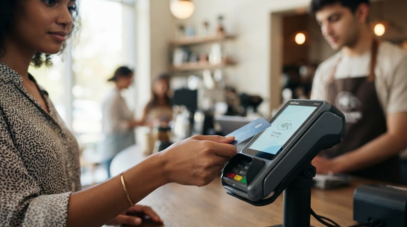 A customer taps a payment card at a point-of-sale terminal on a merchant counter.