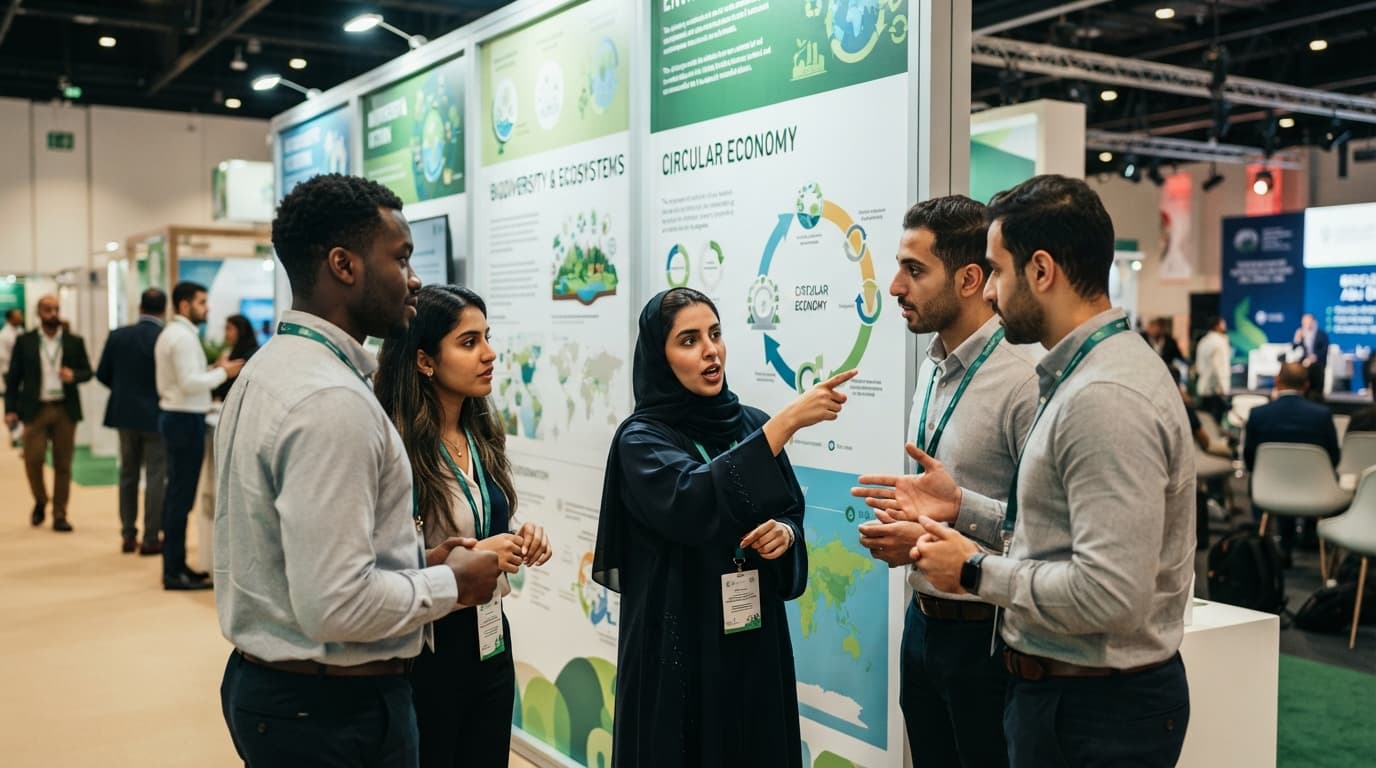 Sustainability professionals gather around exhibition displays and panel seating inside a conference hall setting.