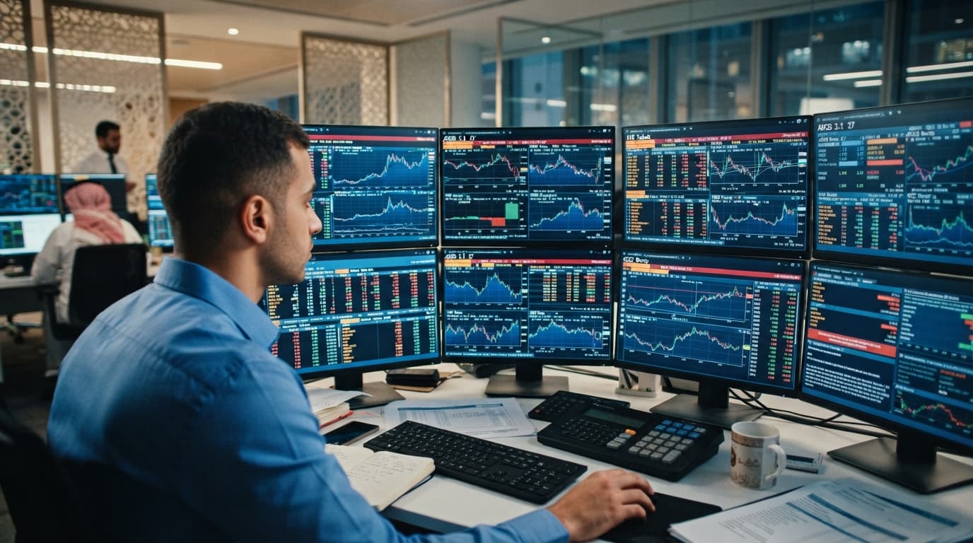 Multiple trading screens displaying bond and sukuk market data with rows of price and yield figures.