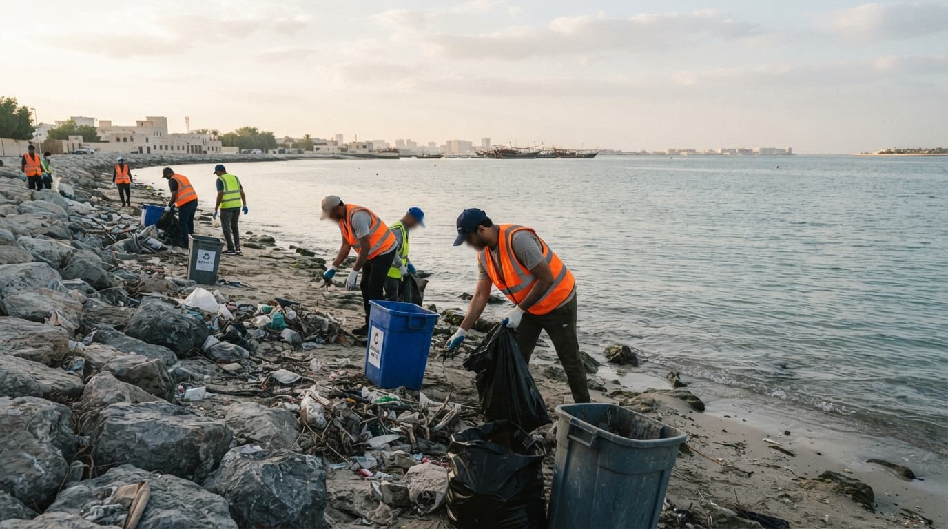 Volunteers in high-visibility vests collecting and sorting waste along a coastal area in Abu Dhabi with the sea in the background.