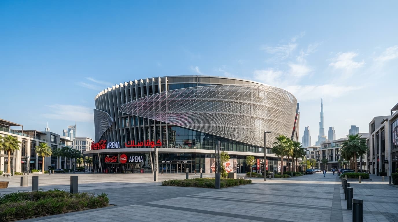 Exterior view of Coca-Cola Arena in Dubai under daylight.