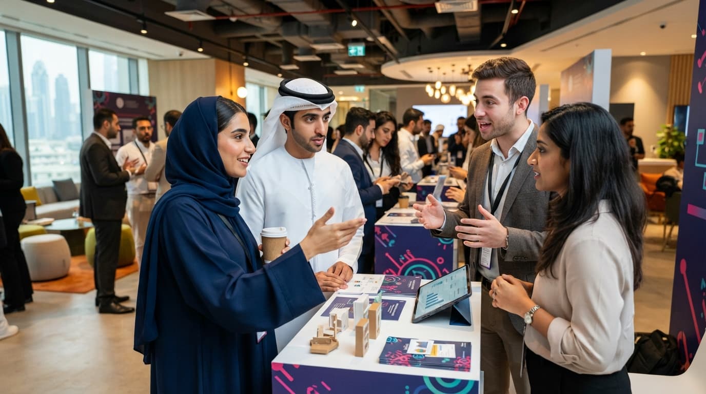 Young professionals engage with exhibition booths and a business competition setup at Amazon's Dubai office during a Youth Day event.