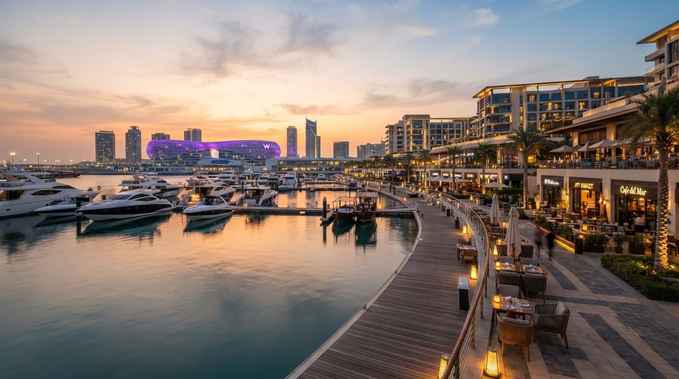 A waterfront dining terrace at Yas Bay Waterfront in the early evening with tables set for outdoor dining along the water.