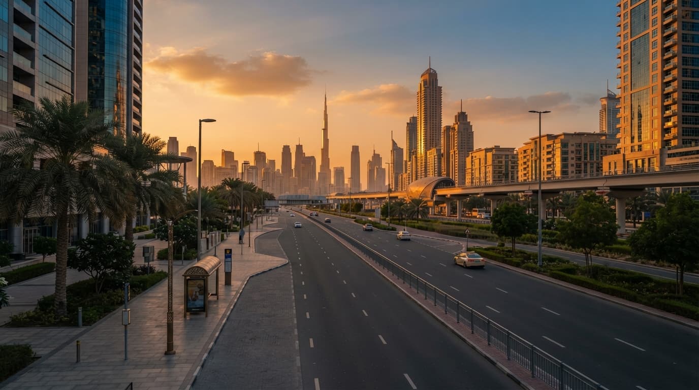 A quiet Dubai street at dusk with soft golden light, empty of crowds, evoking a calm public holiday.