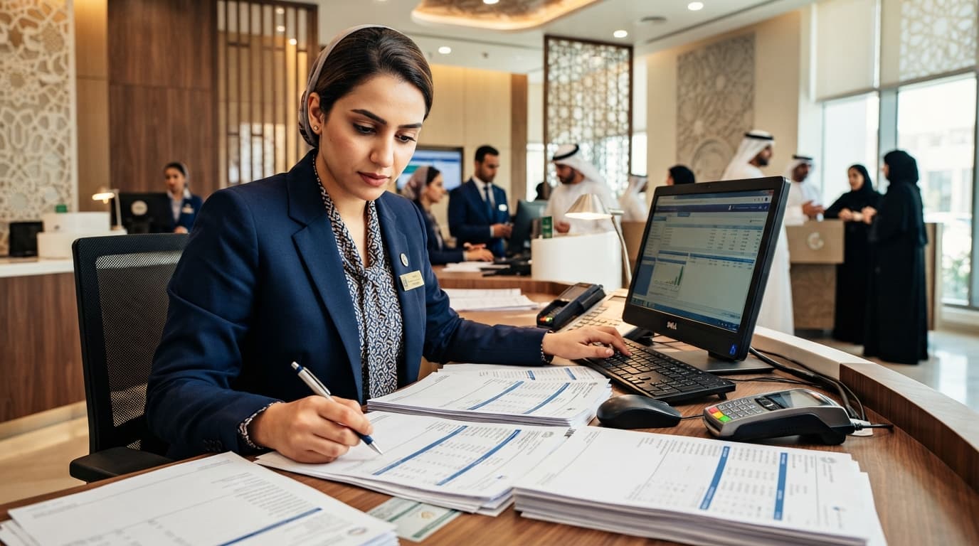 Interior of a modern UAE bank branch with an employee reviewing financial documents at a service counter.