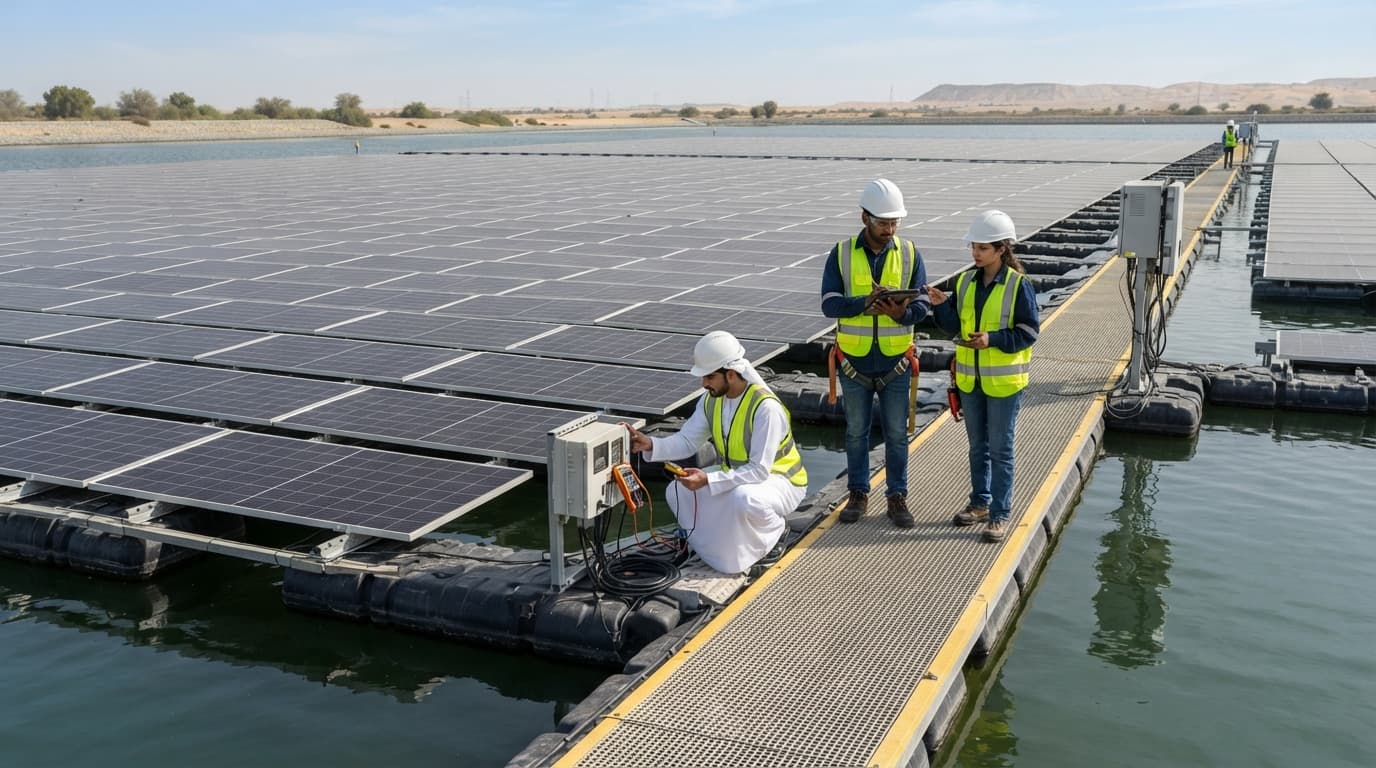A floating solar plant with rows of solar panels installed on water, part of clean energy infrastructure development.