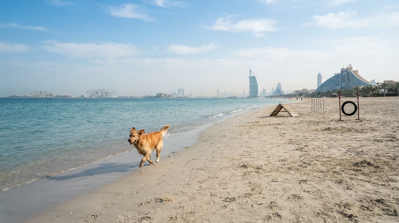 A sandy beach in Dubai with dogs running off-leash near the shoreline and agility equipment set up on the sand.