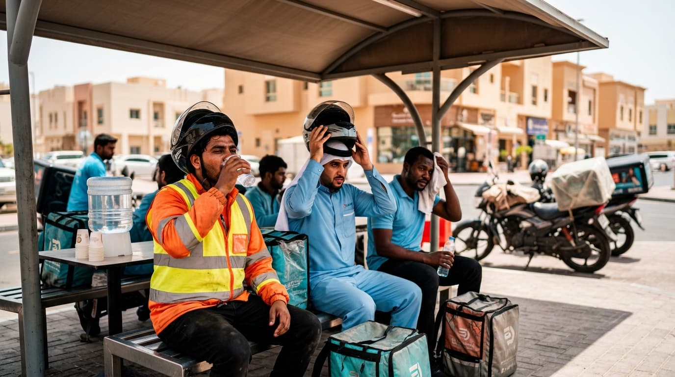 Delivery riders in uniform take a break at an outdoor rest station with shade and cooling equipment during summer heat in the UAE.