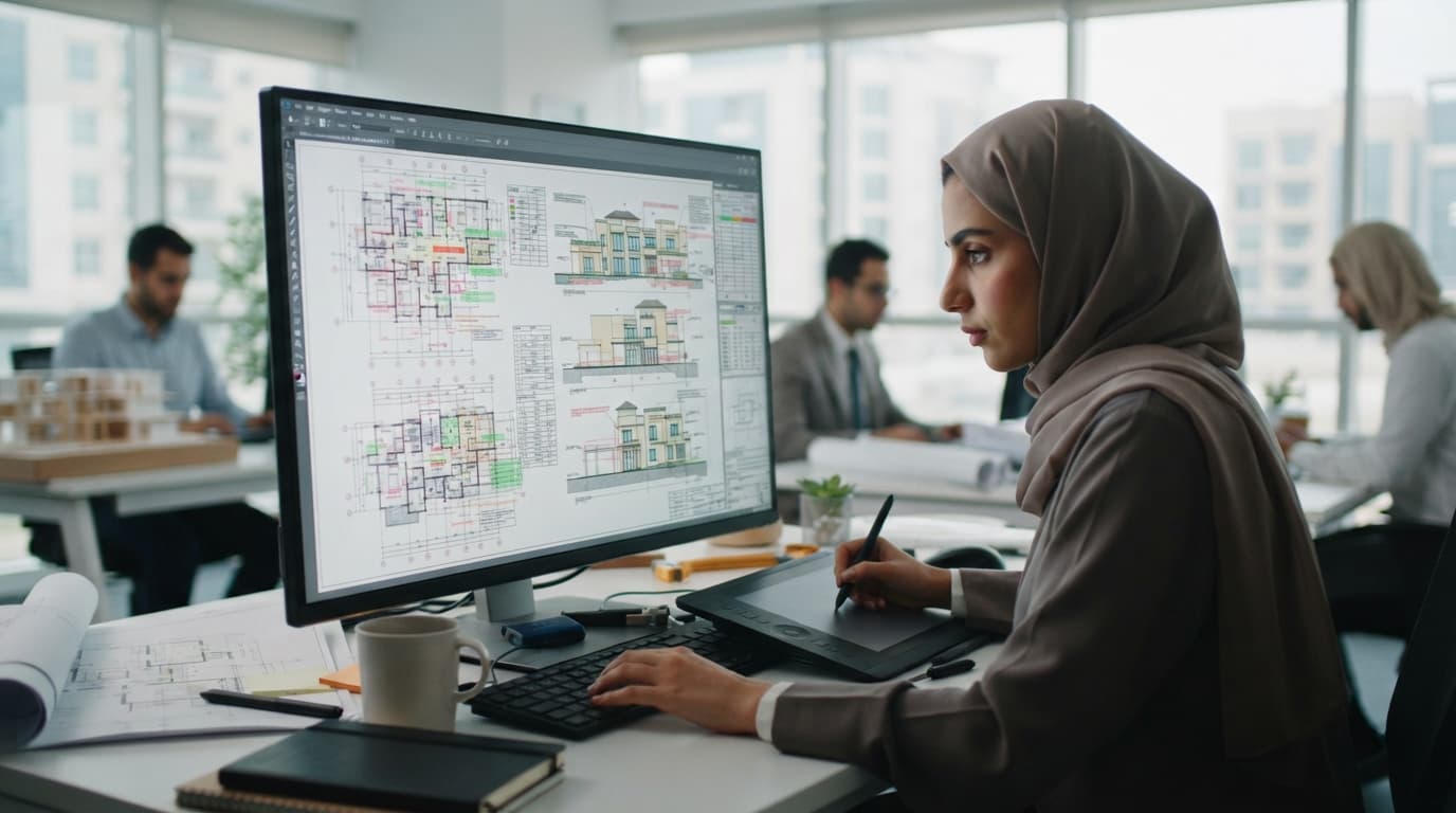 A digital screen displays architectural building drawings being reviewed alongside compliance data in an engineering office setting.