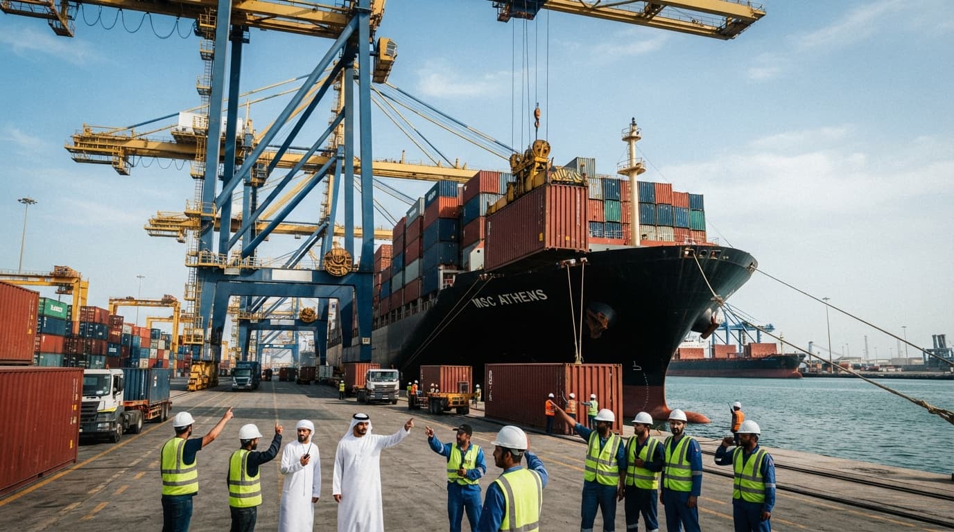 Container ships docked at a busy port terminal with cranes loading cargo containers under a clear sky.