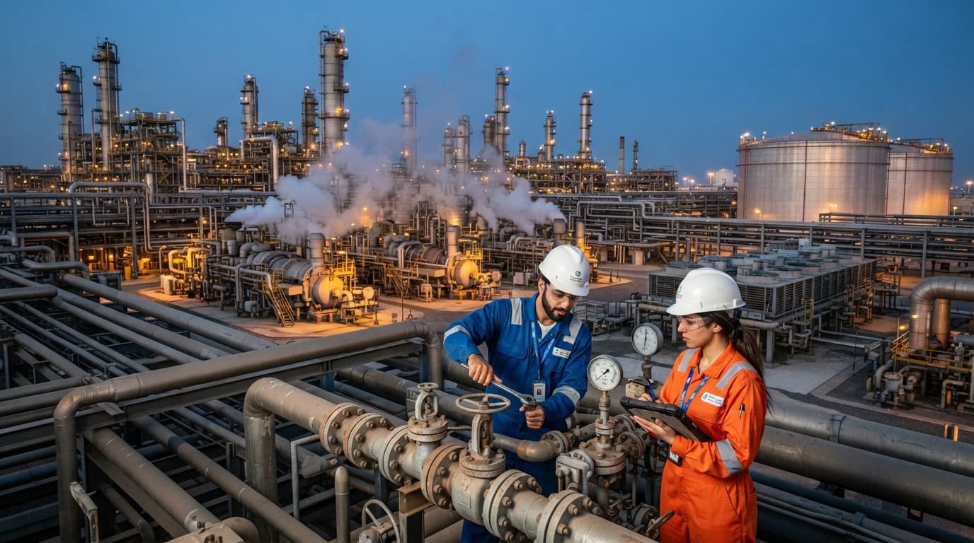 Industrial natural gas processing and liquefaction plant with pipelines, storage tanks, and steel towers under a dramatic sky.
