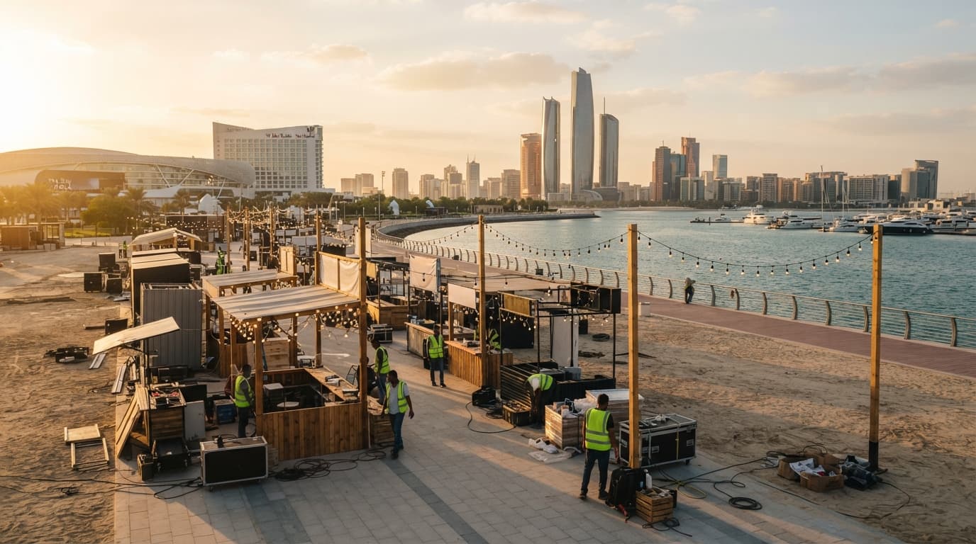 Wide view of Gateway Park South on Yas Island with open waterfront parkland set up for an outdoor festival.