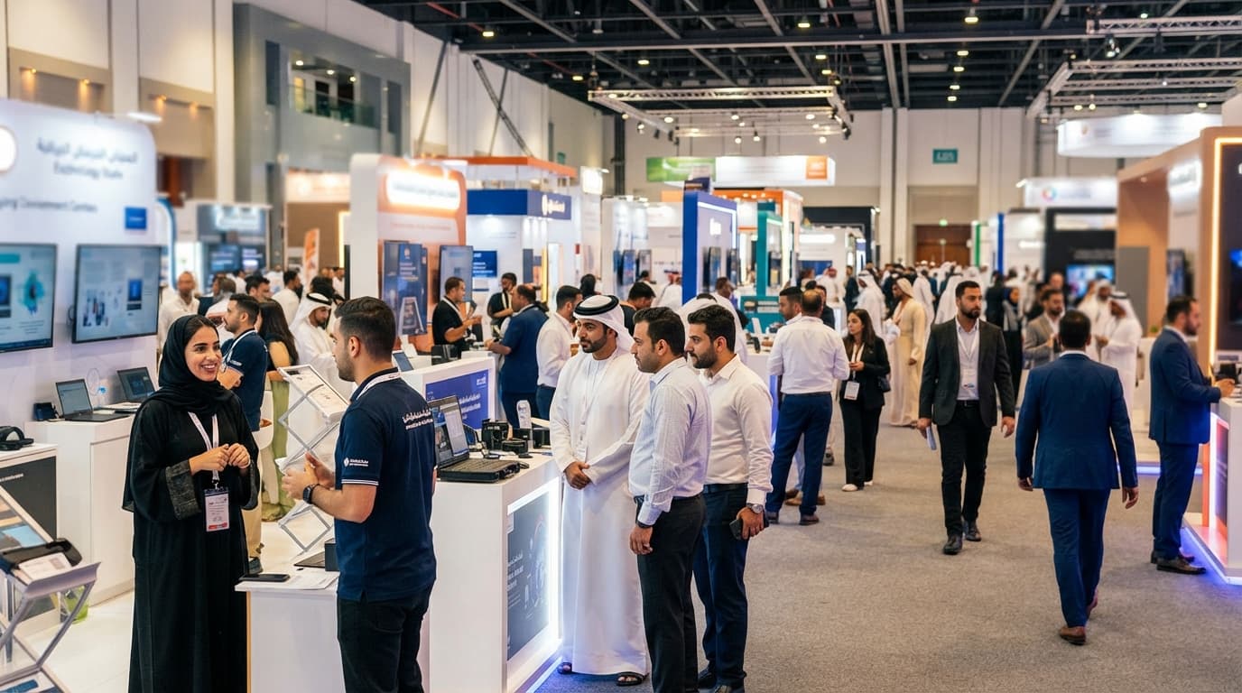 A large exhibition hall filled with rows of company booths and attendees walking between stands under bright hall lighting.