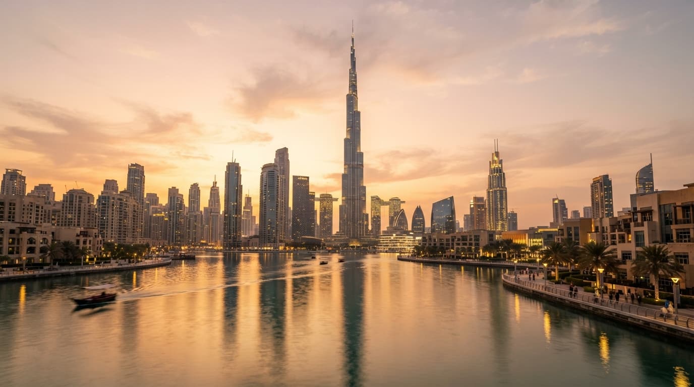 Dubai skyline at golden hour with the Burj Khalifa rising above surrounding towers and calm water in the foreground.