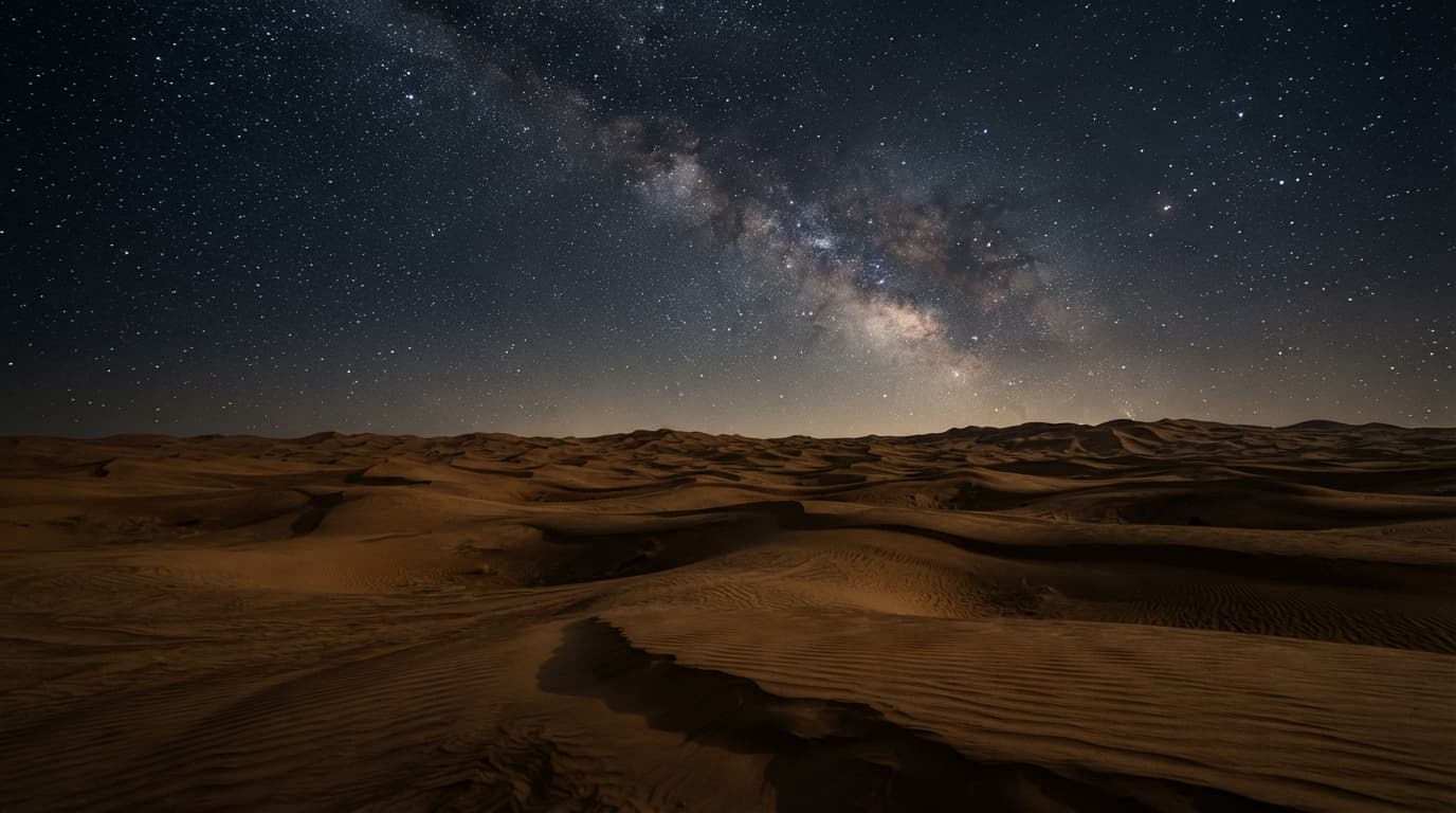 A wide desert landscape at night in Al Khatim, Abu Dhabi, with a dark starry sky stretching over sand dunes.