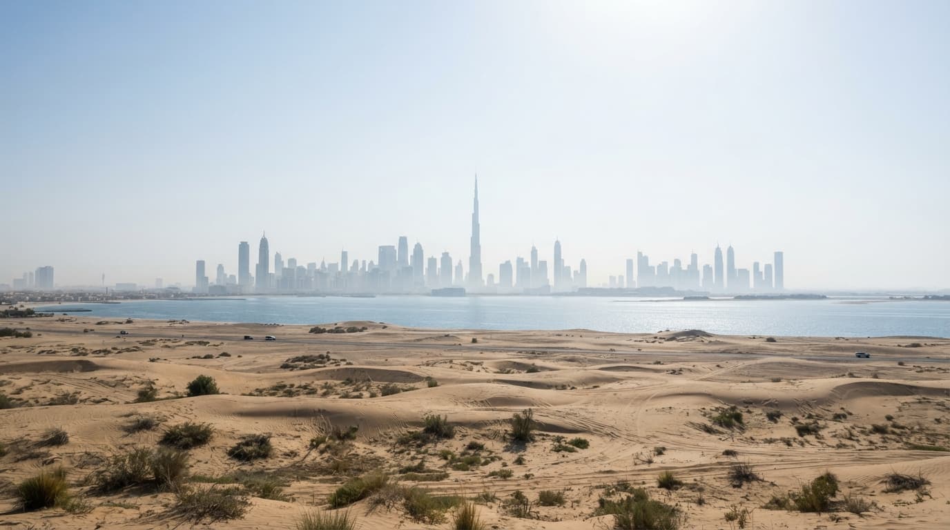 A sun-drenched view of Dubai's skyline shimmering under intense heat haze against a clear sky.