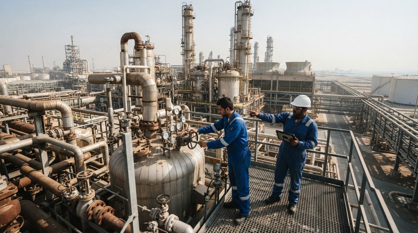 A large-scale polyolefins production facility with industrial piping, reactors and processing towers under open sky.