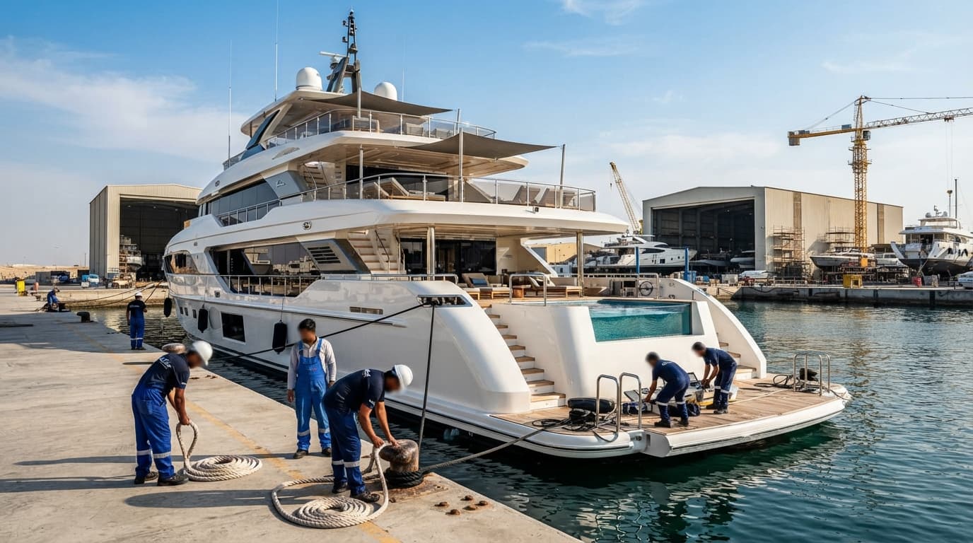 A large white superyacht with multiple decks and an infinity pool docked at a shipyard.