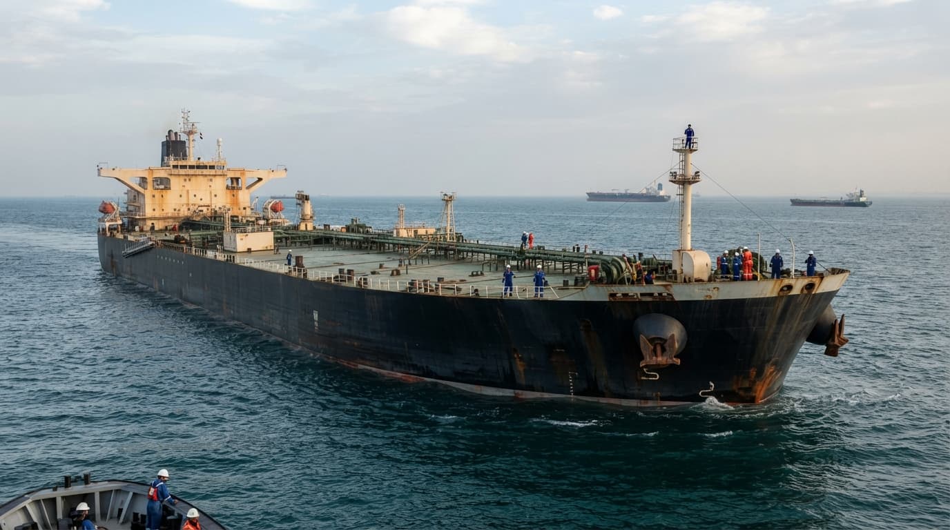Large crude oil and gas carrier vessels at sea, viewed from a distance on open water.