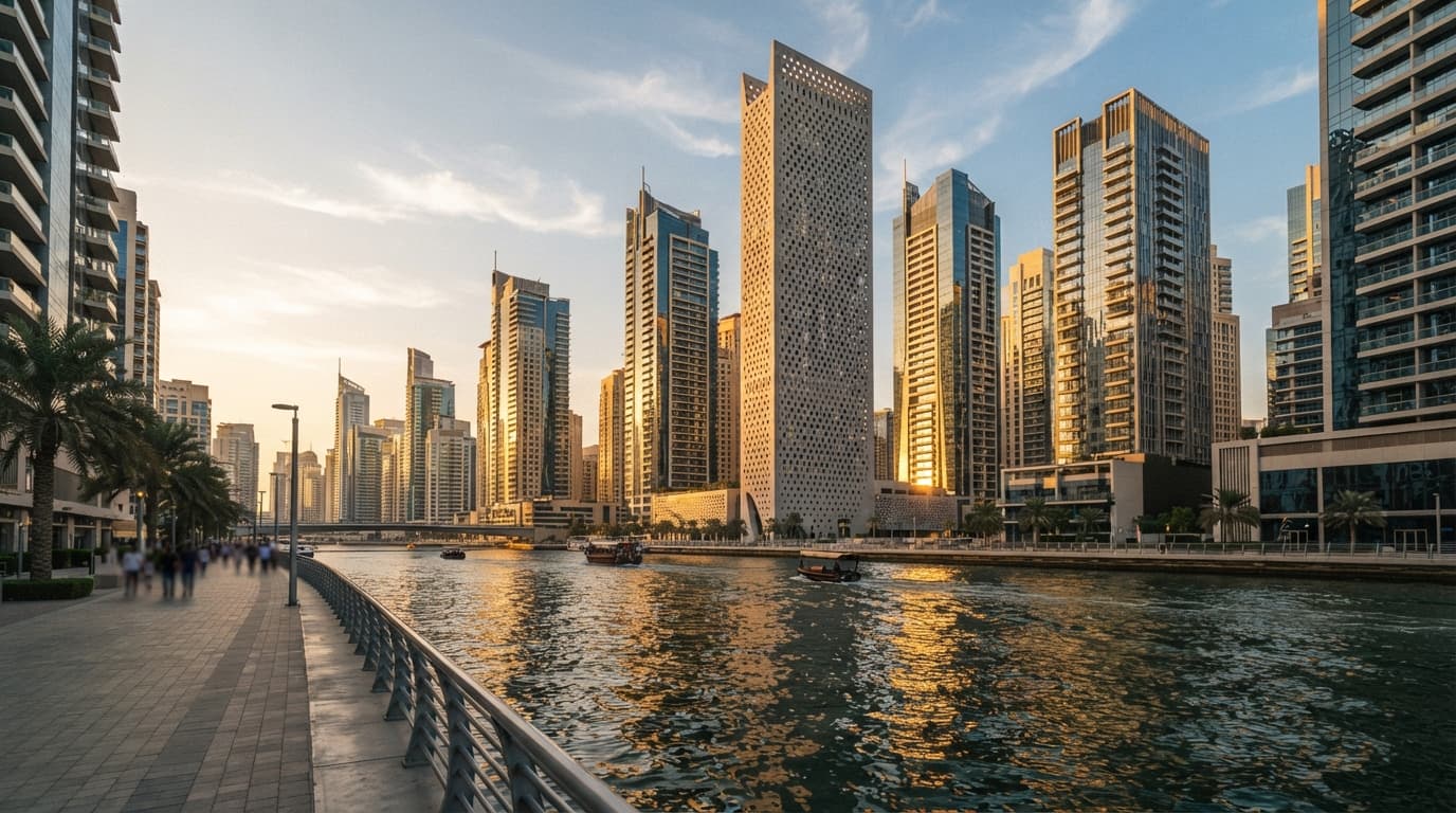 Modern office towers in Business Bay, Dubai, rising along the waterfront under daylight.