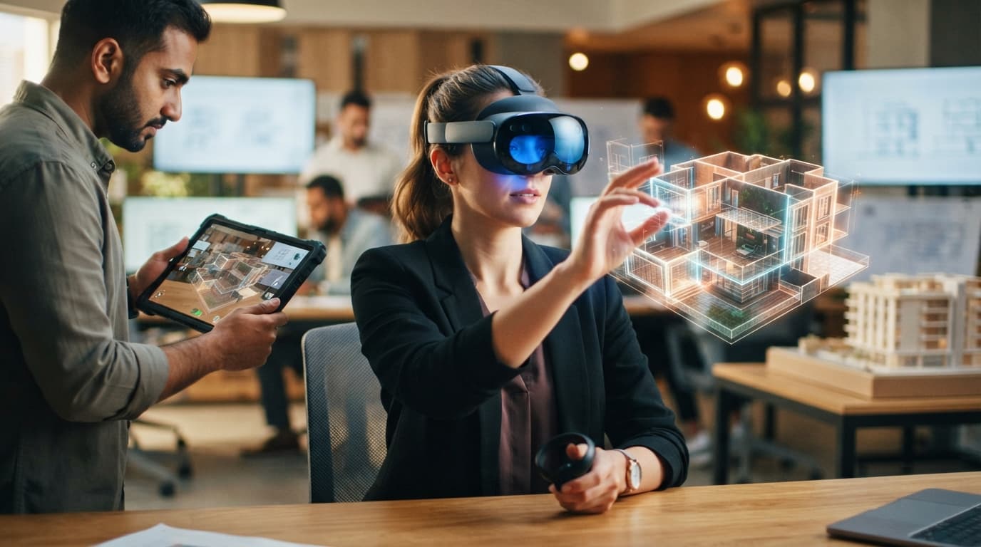A person wearing a VR headset interacts with a floating architectural model of a residential building, with a tablet showing an AR overlay of the same structure nearby.