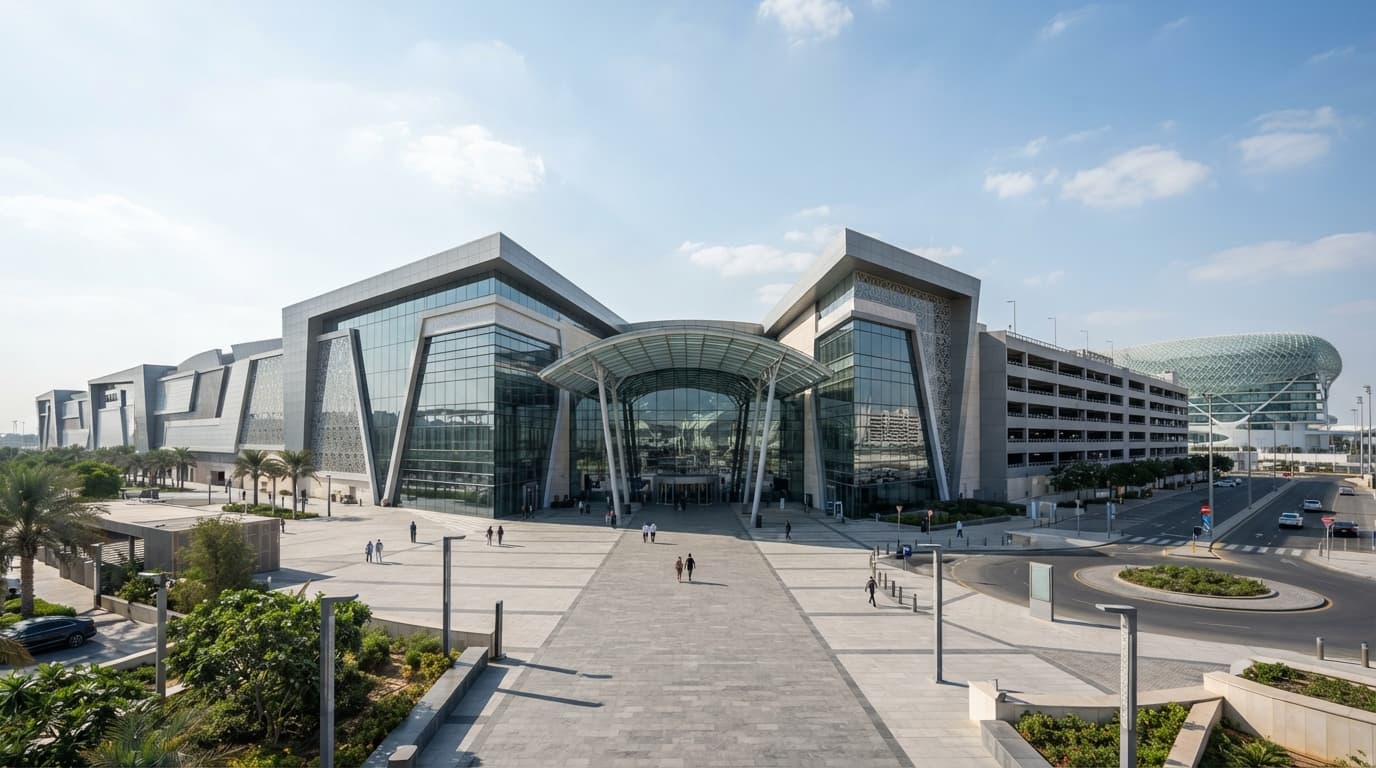 The exterior of Yas Mall in Abu Dhabi under daylight, showing its large modern facade and entrance.