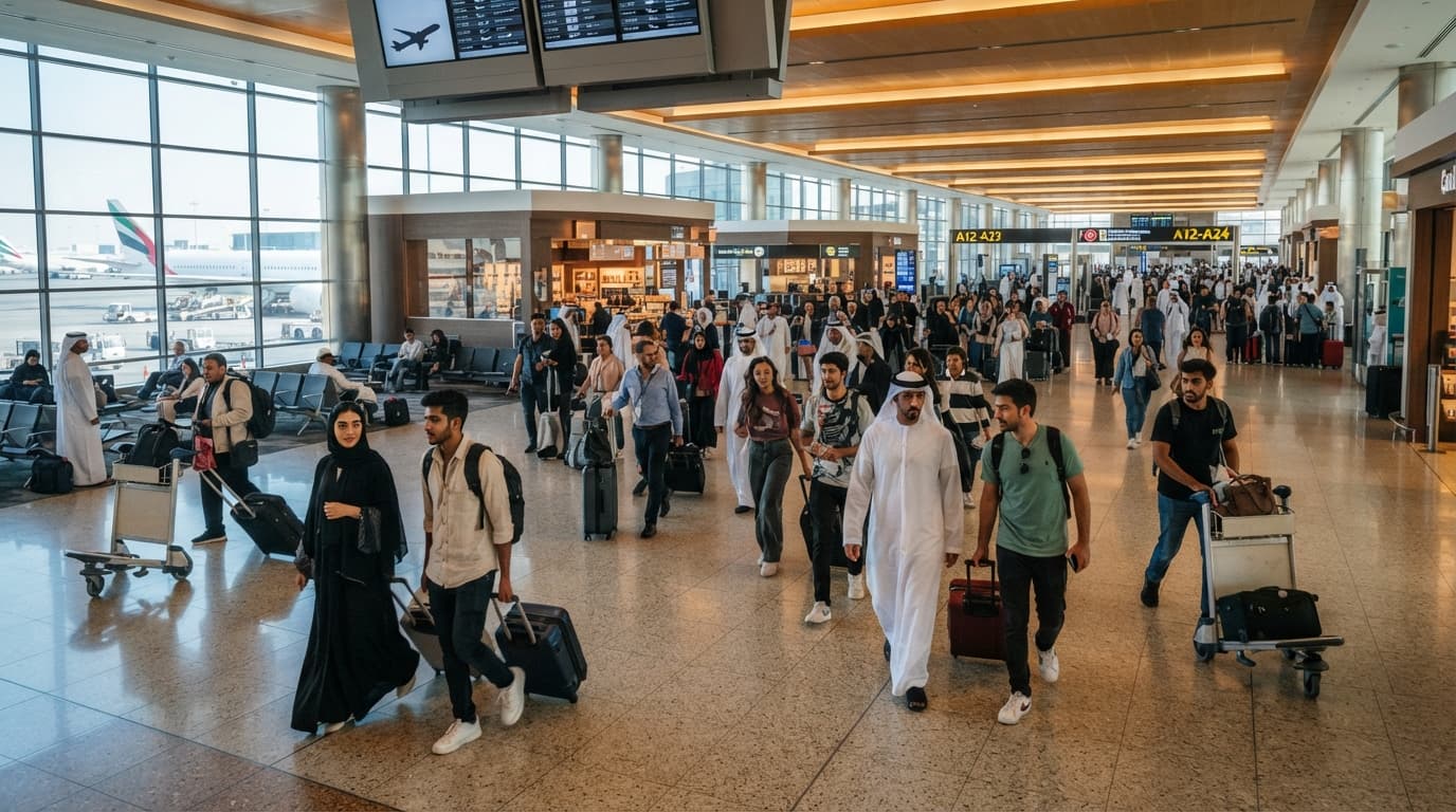 Passengers move through a busy airport terminal concourse with aircraft visible through large windows in the background.