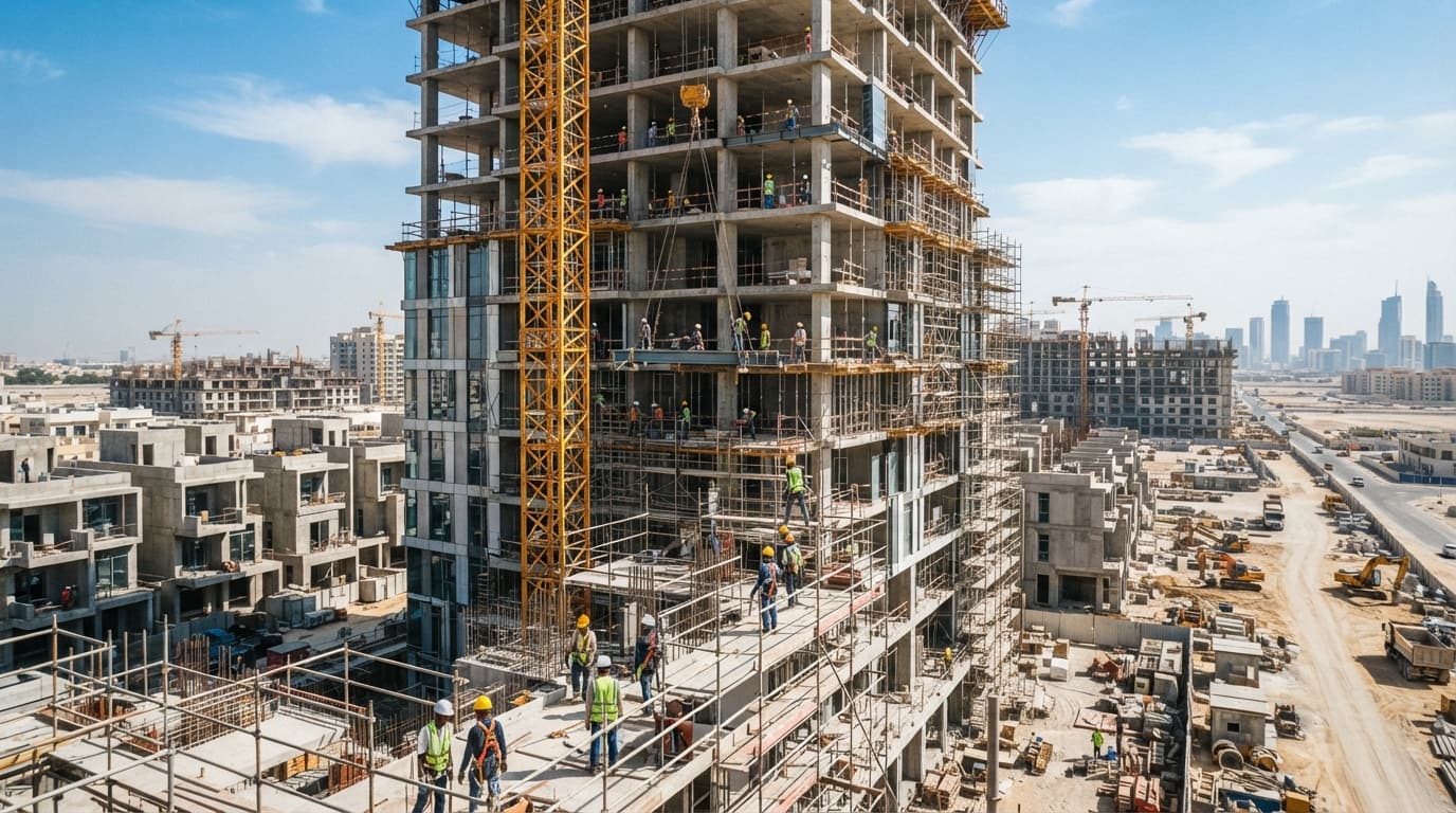 A residential real estate development under construction in the UAE with cranes and partially completed buildings visible against a clear sky.