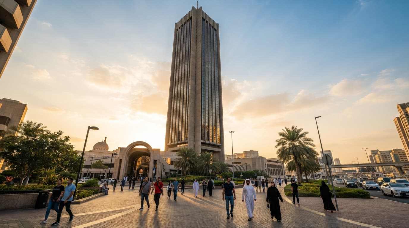 Exterior view of the Dubai World Trade Centre building against a clear sky.