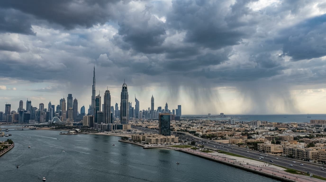 A wide view of a UAE cityscape under a partly cloudy sky with rain visible in the distance.