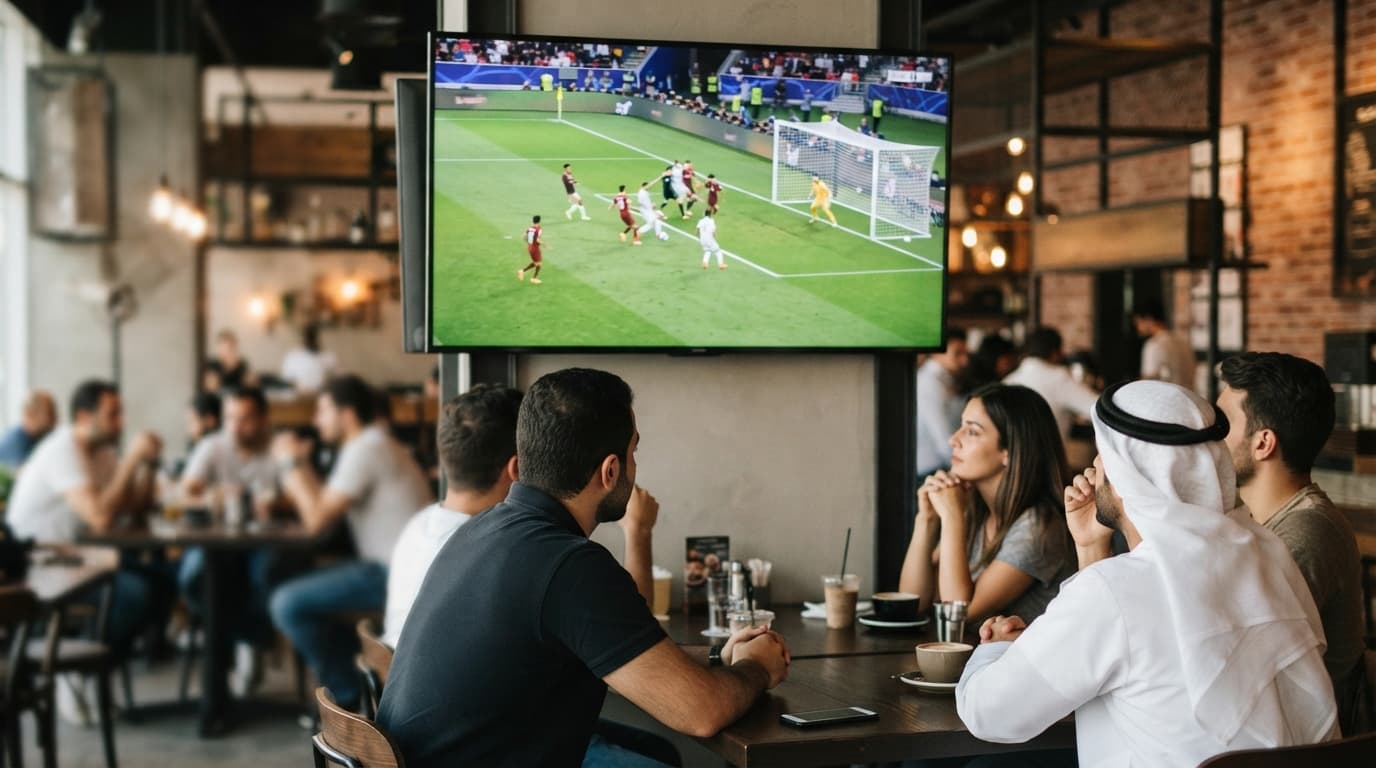 A football match being broadcast live on a large screen, watched by people in a cafe setting, with the stadium action visible on the display.