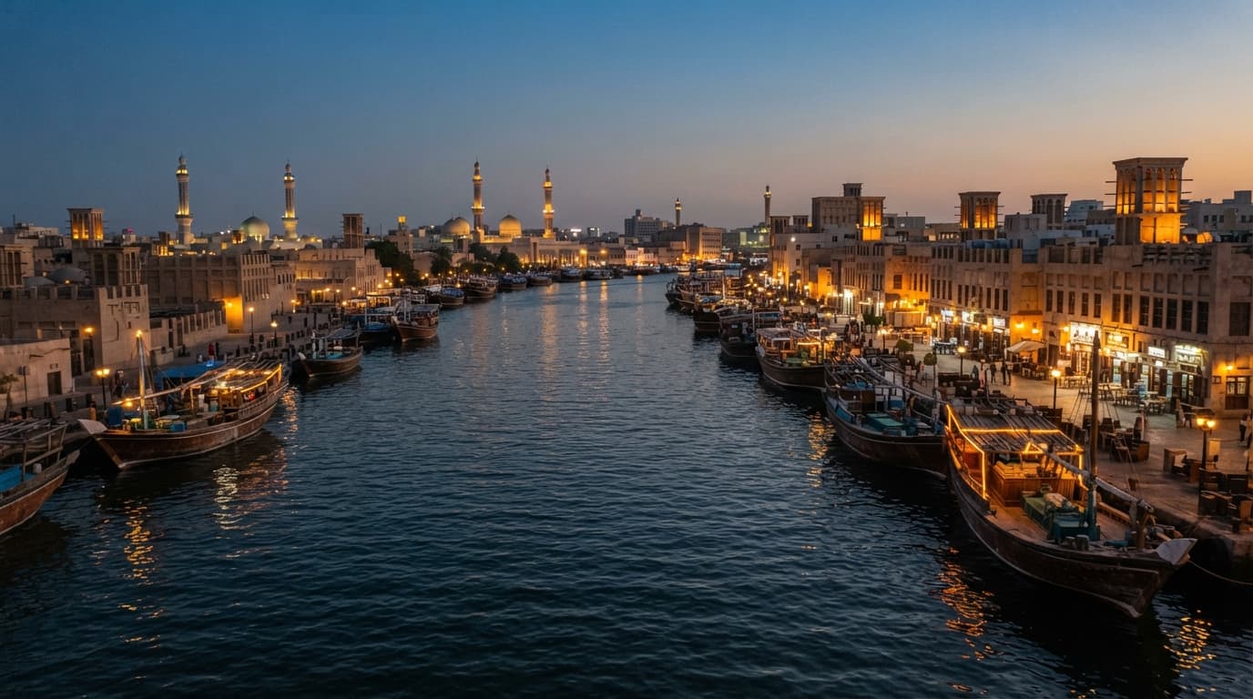 A wide view of Dubai Creek at dusk with traditional dhows moored along the water and historic buildings lining the banks.