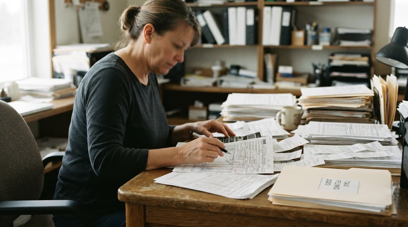 A small business owner reviewing corporate tax documents and compliance paperwork at a desk in an office setting.