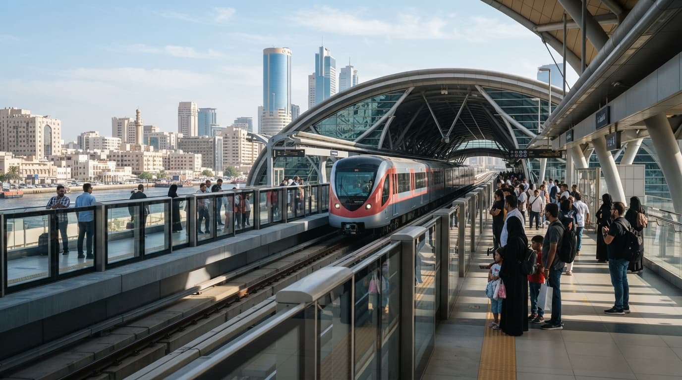 A Dubai Metro train arriving at an elevated station platform with passengers waiting to board.